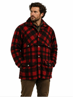 Pioneer Sportswear Mackinaw Wool Coat Red Black Buffalo Plaid Hunting Woolrich L